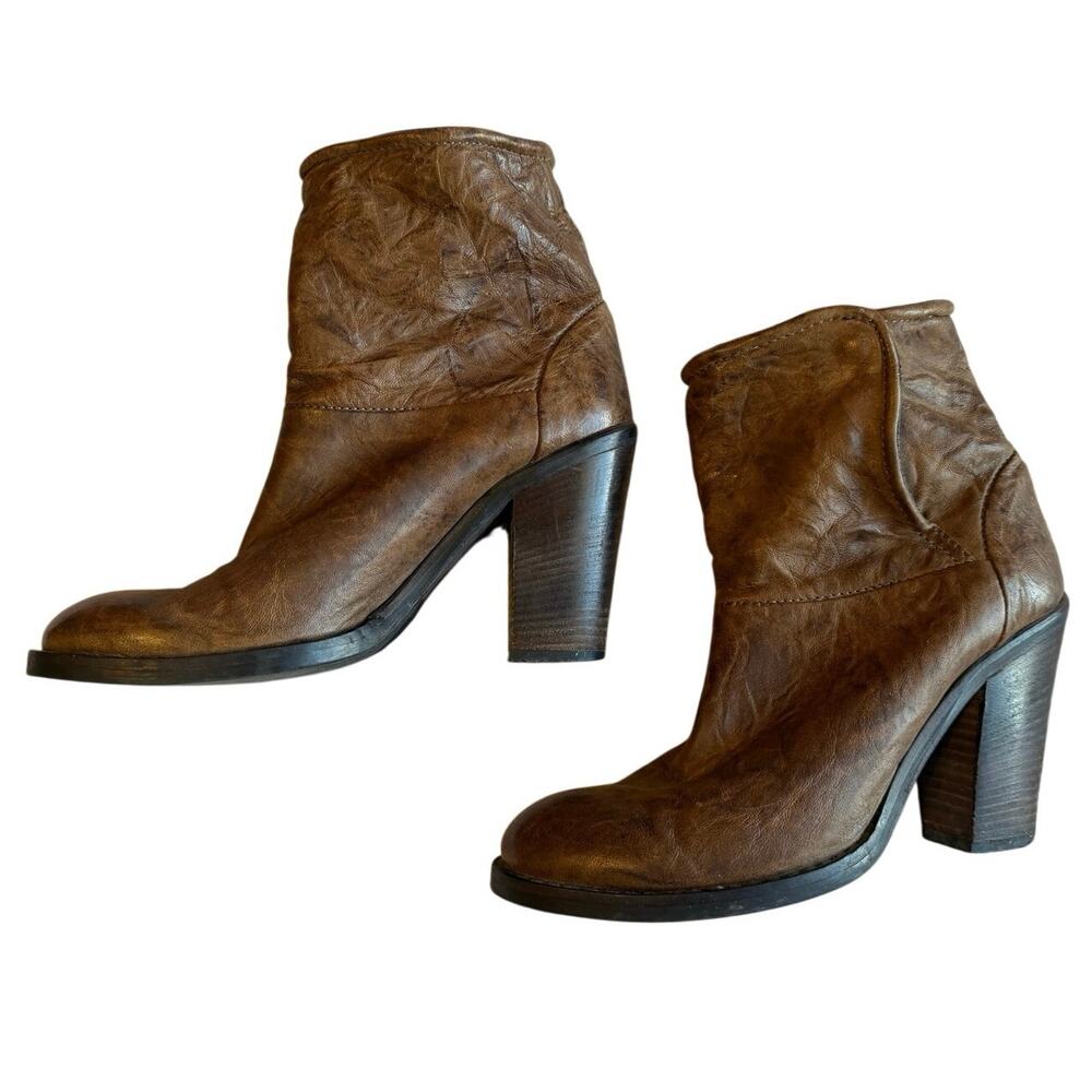 Kobra Italian Leather Brown Slouchy Ankle Boots With Chunky Heel Snap Closure 40